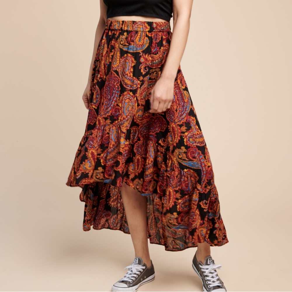 Earthbound Boho Paisley Print High-Low Skirt